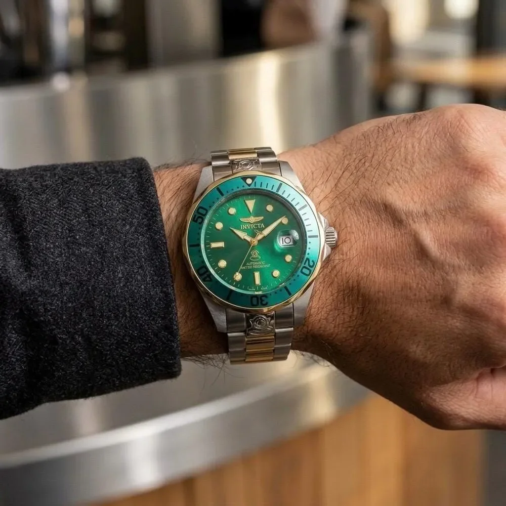 Mens Automatic Emerald Green Dial Diver Watch, Stainless Steel Gold Bracelet